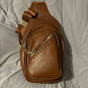 Elegant Tan Leather Look  Crossbody Bag